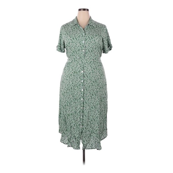 Shortsleeve Button-up Green Floral Midi Dress - Picture 1 of 8